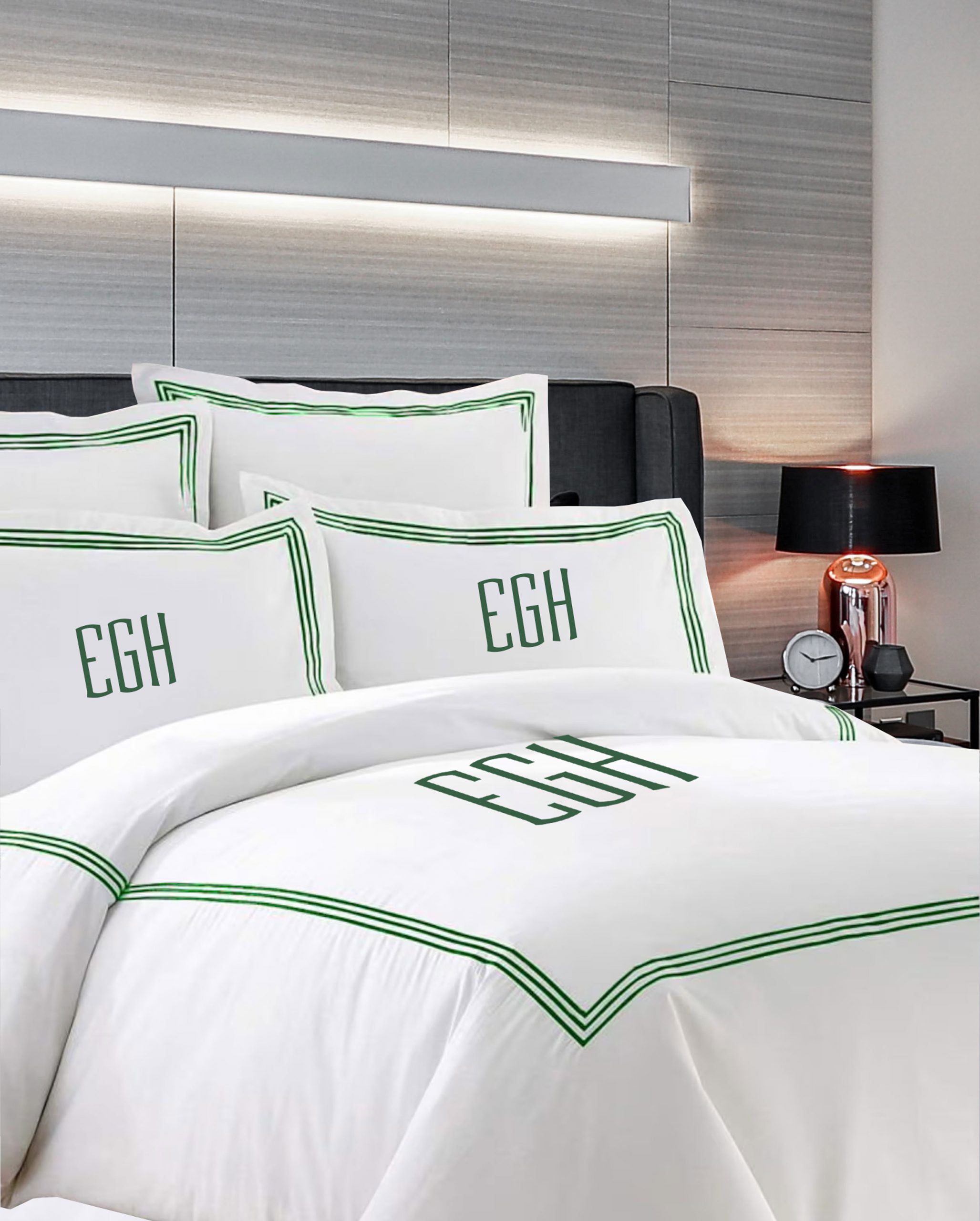 Personalized Monogram 400 Thread Count white 100% Cotton Sateen Hotel Stitch Duvet Cover set in Triple Embroidery Border