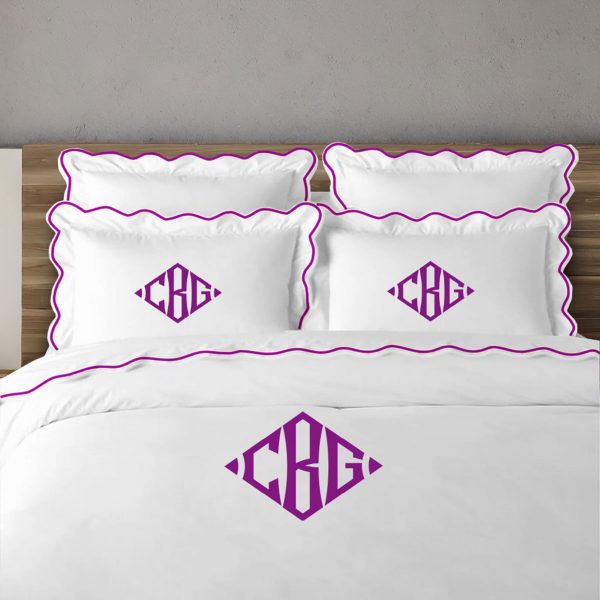 Personalized Monogram 400 Thread Count white 100% Cotton Sateen Hotel Stitch scalloped Embroidery Duvet Cover set