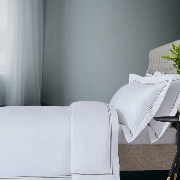 400 Thread Count White 100% Cotton Sateen Hotel Stitch Edge Double Border Embroidery Duvet Cover set