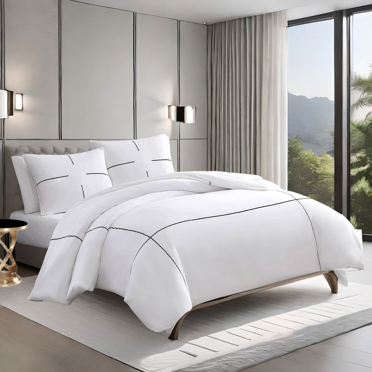 400 Thread Count White 100% Cotton Sateen Hotel Stitch Embroidery Border Duvet Cover set - Image 3