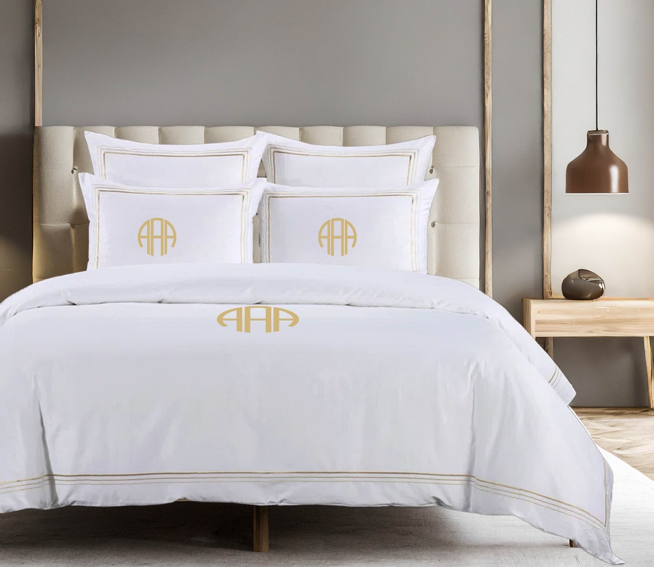 Personalized Monogram 400 Thread Count White 100% Cotton Sateen Hotel Stitch 3 line Edge Embroidery Border Duvet Cover set - Image 2