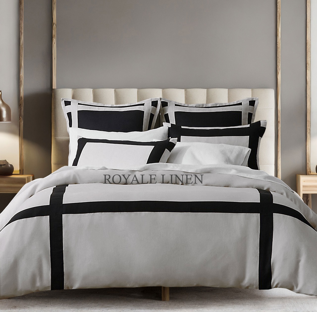 400 Thread Count white Cotton Sateen Hotel Stitch Border Frame duvet cover set - Image 2