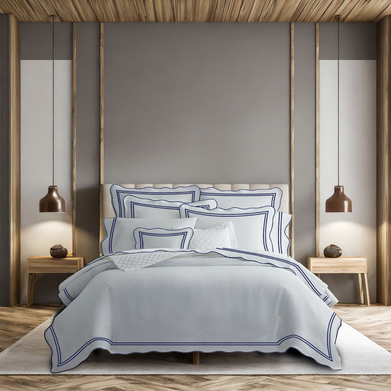 400 Thread Count White 100% Cotton Sateen Hotel Stitch Scalloped and Double Border embroidery Duvet cover Set - Image 5