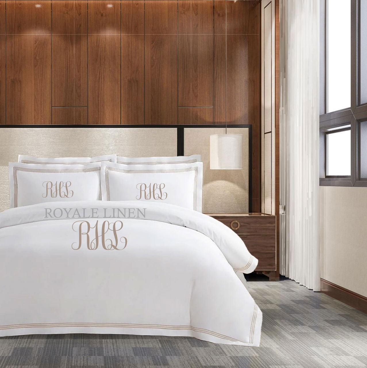Personalized Monogram 400 Thread Count White 100% Cotton Sateen Hotel Stitch Triple Edge Embroidery Border Duvet Cover set - Image 3