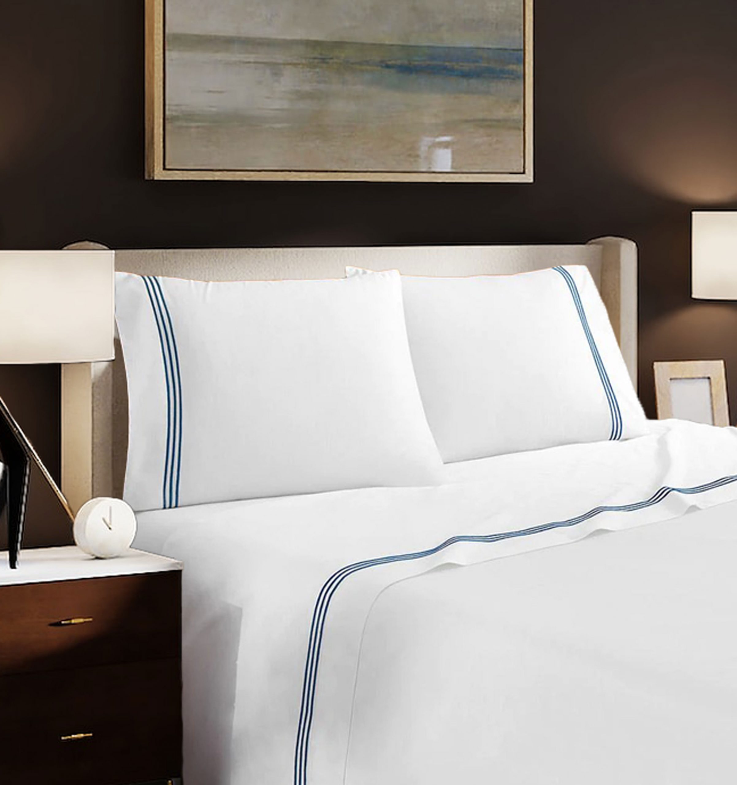 400 Thread Count White Cotton Sateen Hotel Stitch Sheet Set in Triple Embroidery Border - Image 4