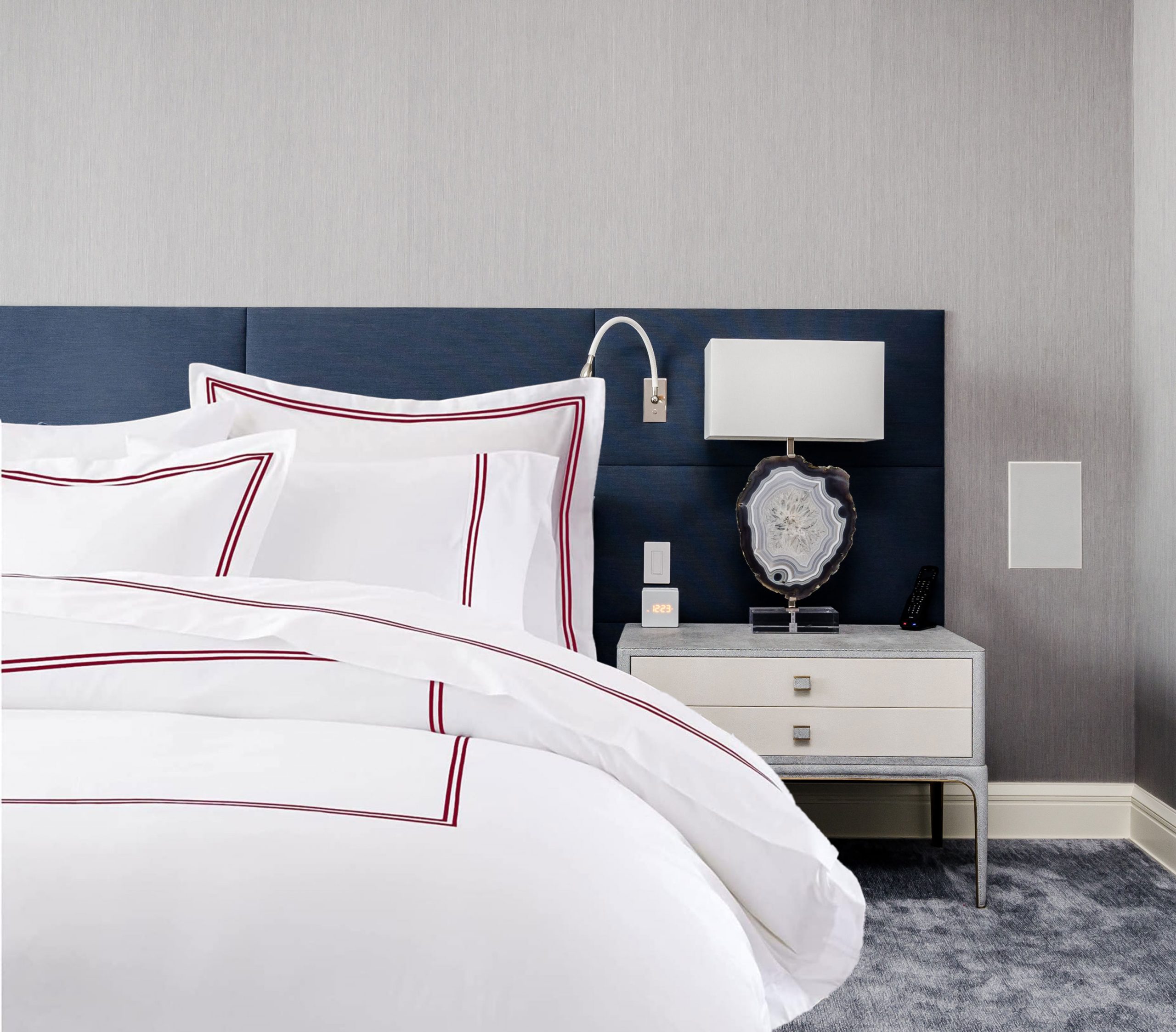 400 Thread Count White Cotton Sateen Hotel Stitch Double Embroidery Border Duvet Cover Set - Image 4