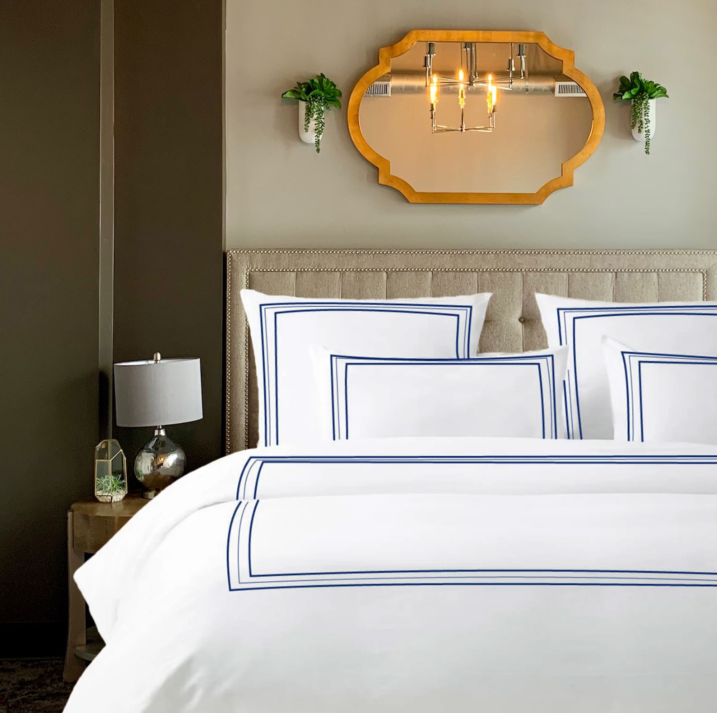 400 Thread Count White percale fabric 3 line embroidery Border duvet cover set