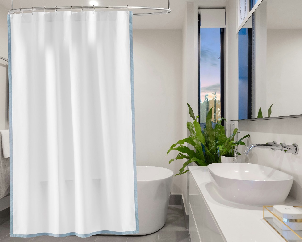 400 Thread Count White 100% Cotton Sateen Edge Border Frame Shower Curtain - Image 4