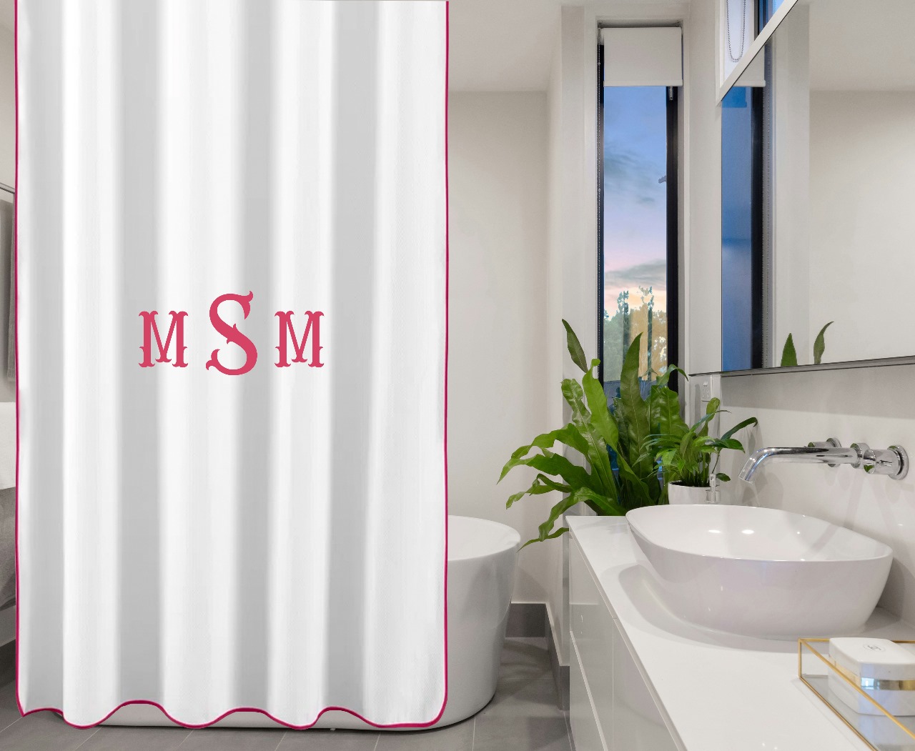 Personalized Monogram White 100% Cotton Sateen scalloped And Border Embroidery shower Curtain - Image 6