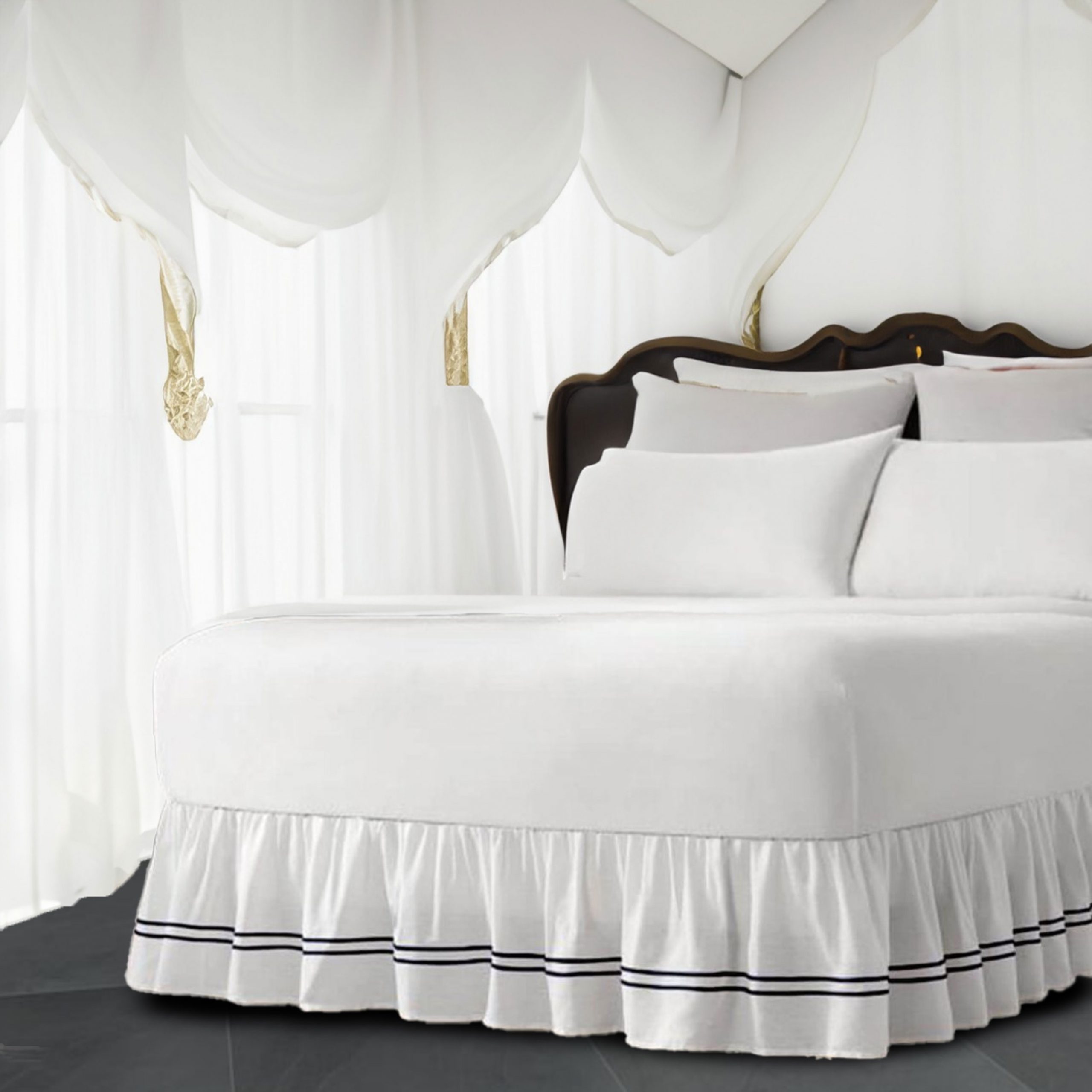 White 100% Cotton Sateen Gathered Bed Skirt in Double Embroidered border Three Sided Coverage with Platform - Image 5