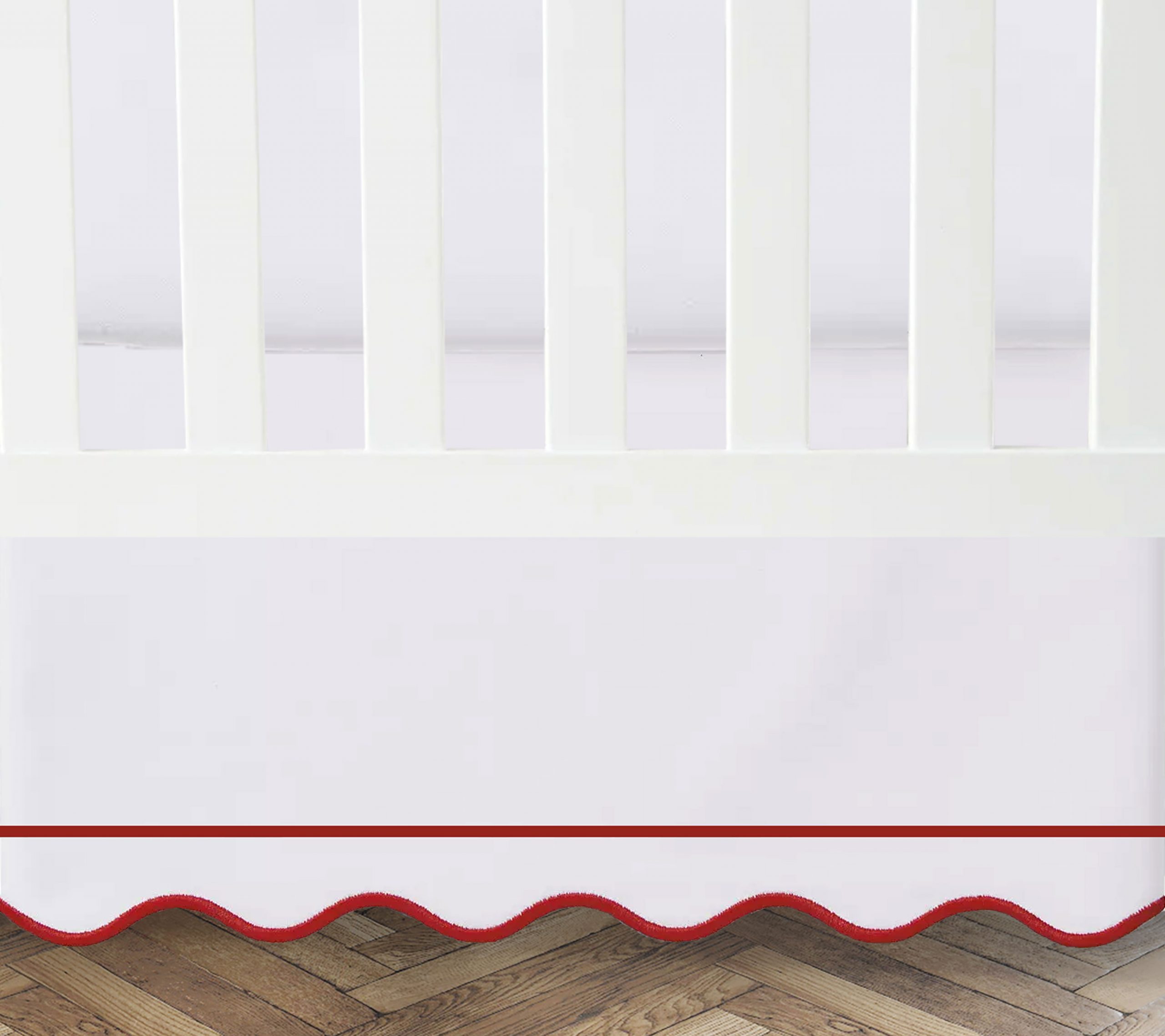 White 100% Cotton Sateen Crib skirt scalloped Embroidery with Border with split corners ; 4-sided skirt fits around the entire crib - Image 4