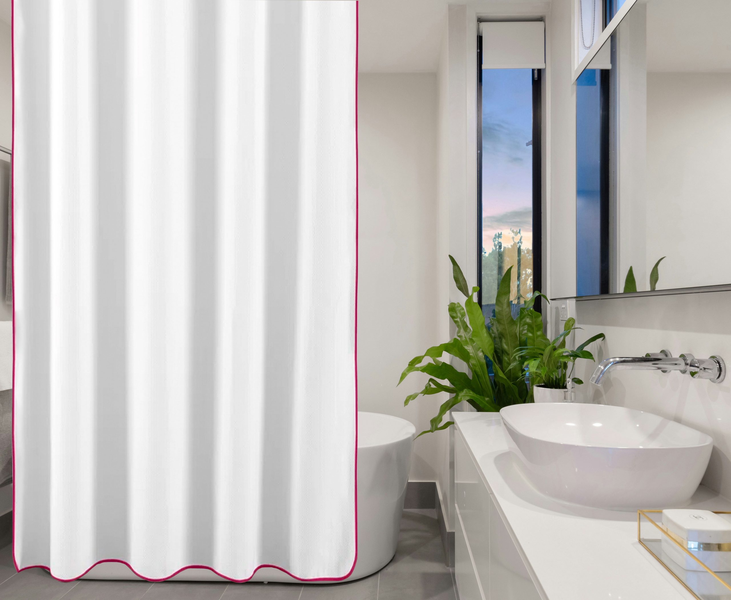 400 Thread Count White 100% Cotton Sateen Edge Embroidery Border Shower Curtain