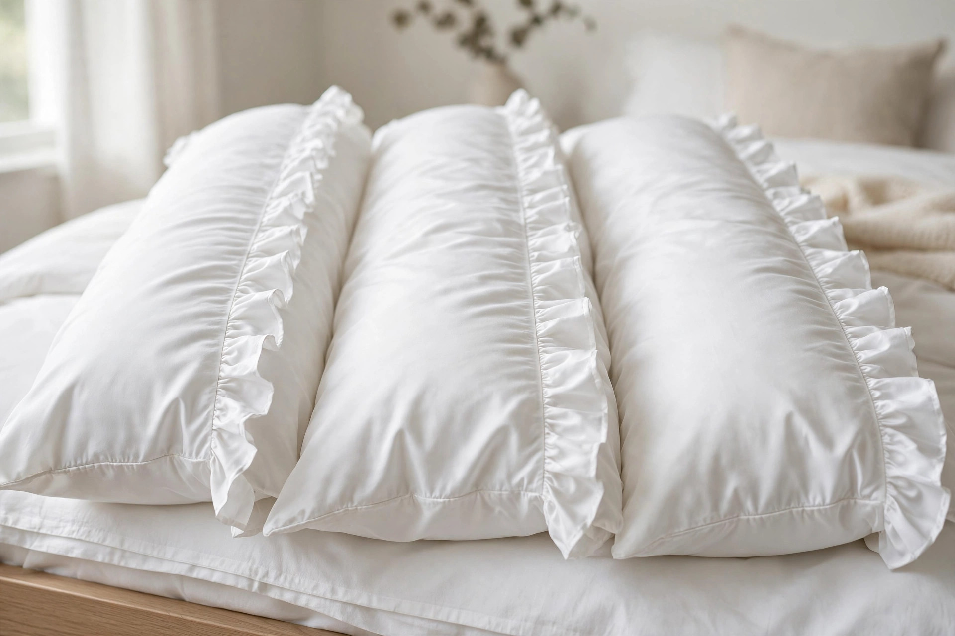 White 400 thread count cotton sateen ruffle body pillow cases